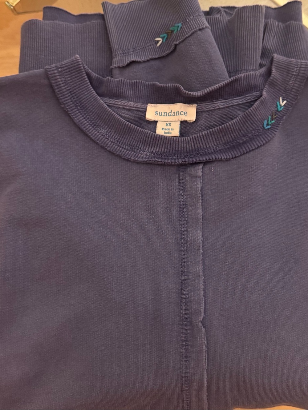Sundance Navy Crewneck Top with Chevron Stitch Detail XS